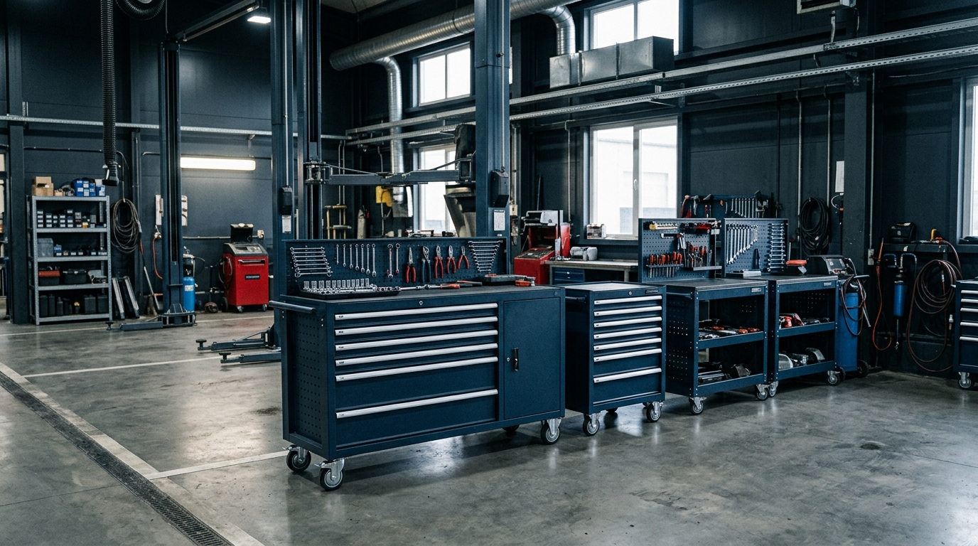 Organized auto repair workshop with rolling tool storage
