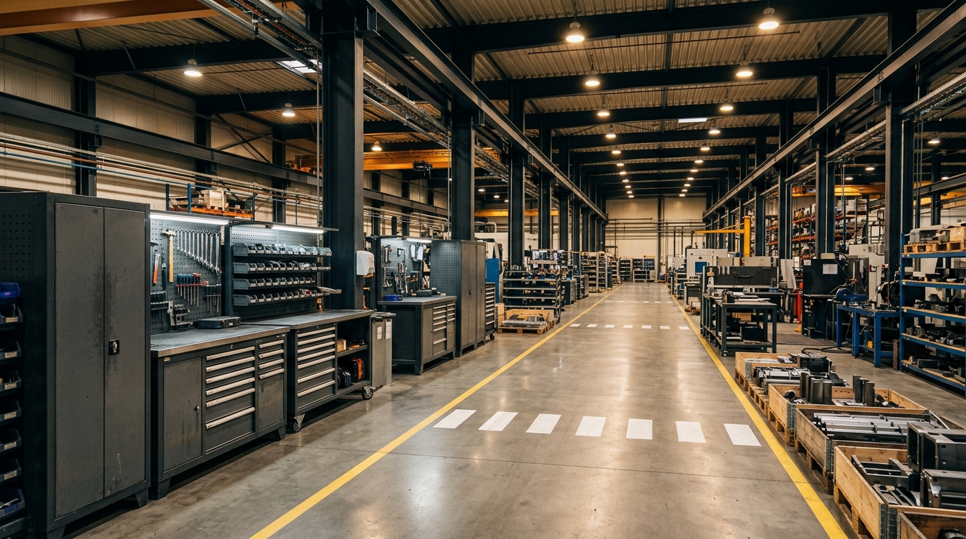 Modern industrial workshop with organized tool storage systems