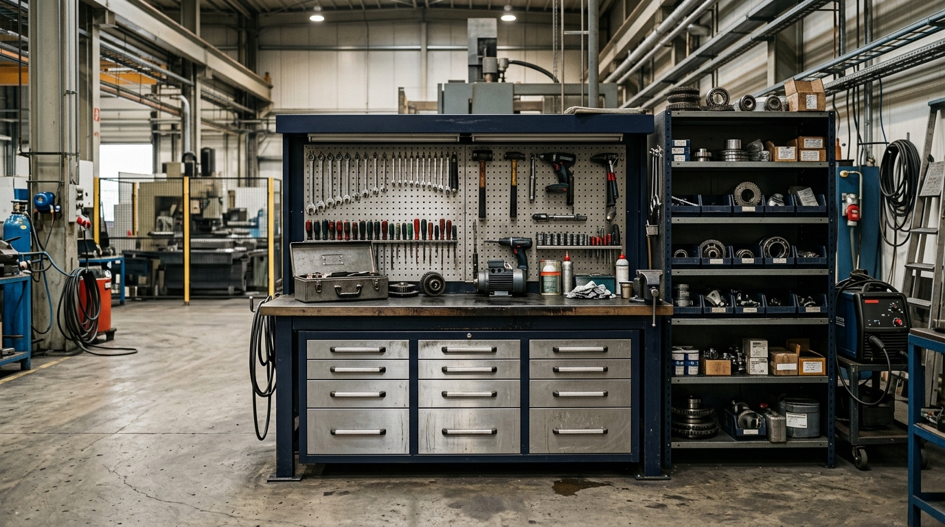 Industrial maintenance workstation with secure tool storage